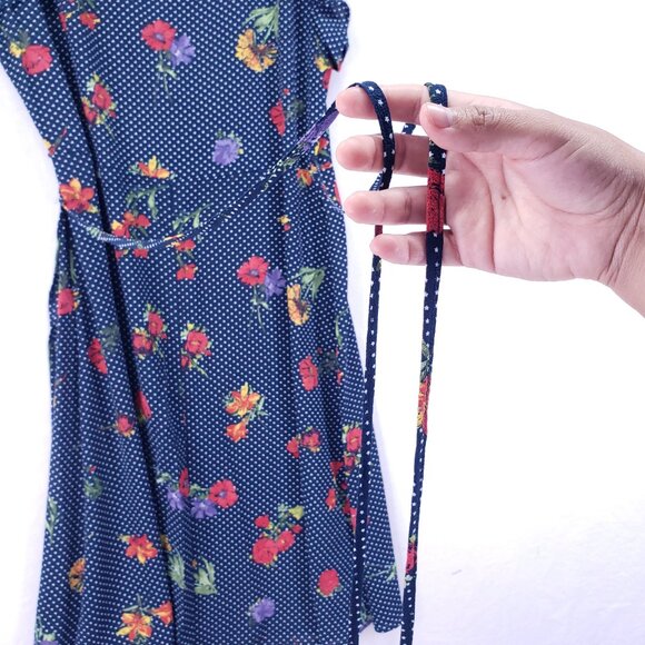 Wrapper Navy Blue Mini Stars Colorful Floral Lightweight Wrap Mid Dress Size L - Picture 12 of 13